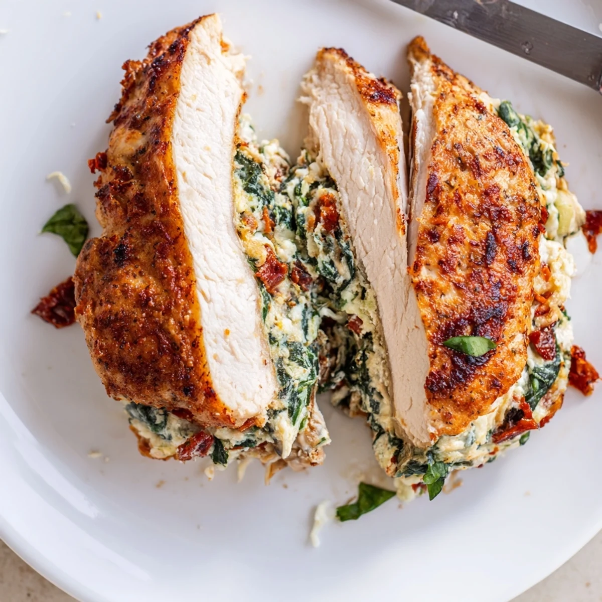 Cheesy Spinach Stuffed Chicken Sun Dried Tomato Flavor on skillet, herb-garnished and steaming.