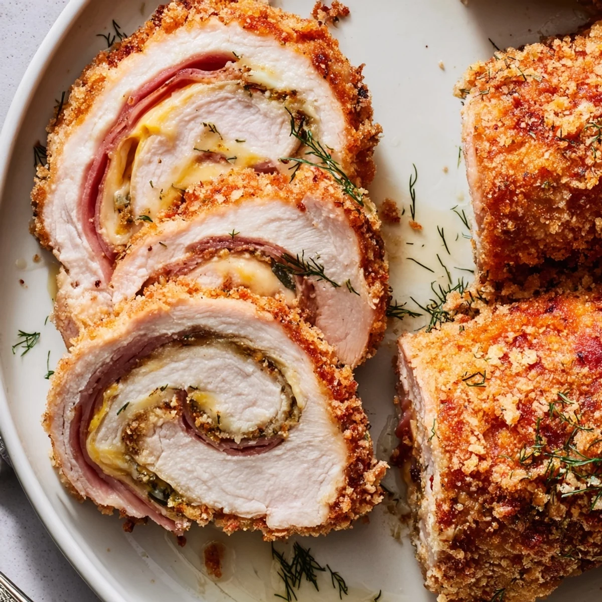 Crispy Pickle Brined Chicken Rolls sliced, golden crust with melted cheese oozing