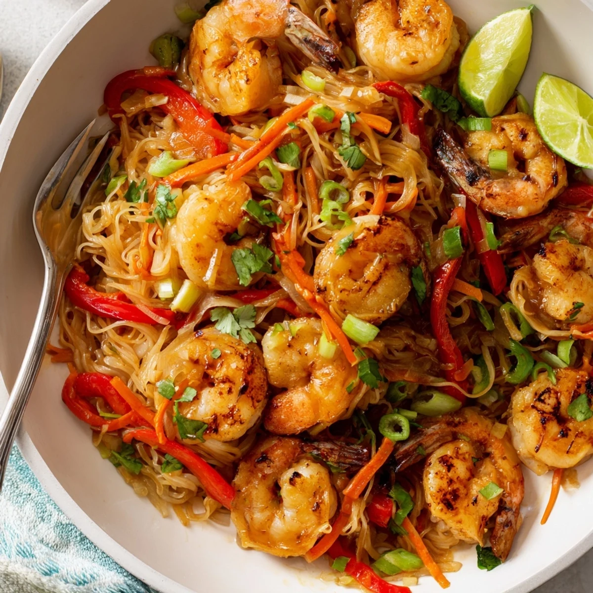 Warm Spicy Garlic Shrimp Noodles Recipe tossed with cilantro, crisp bell pepper