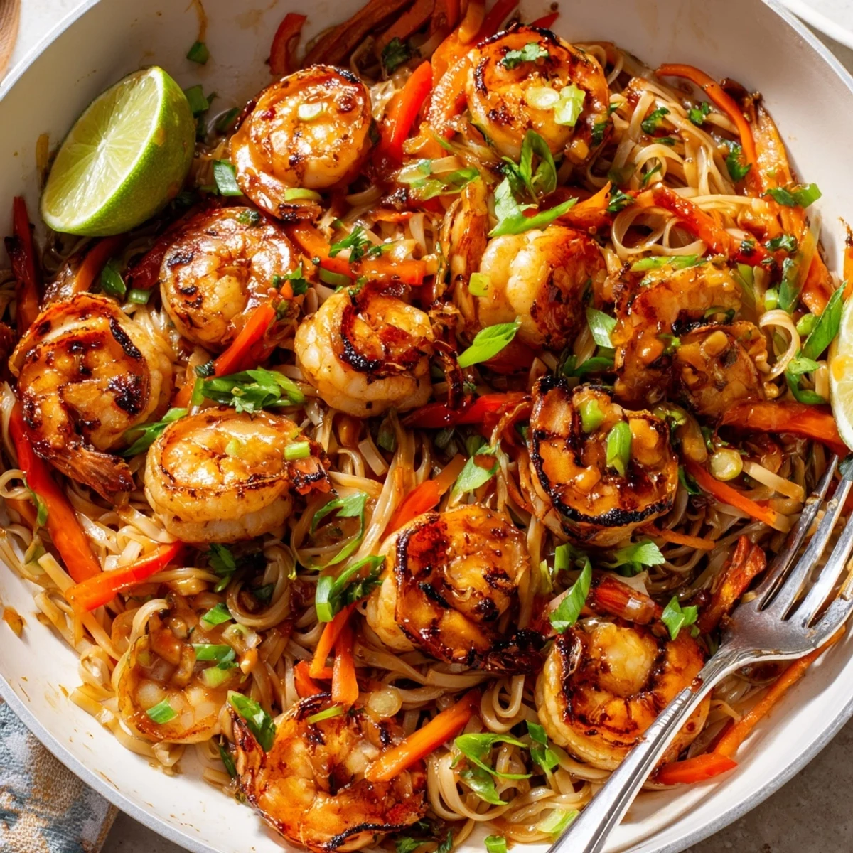 Spicy Garlic Shrimp Noodles Recipe with glossy sauce, tender shrimp, lime wedges