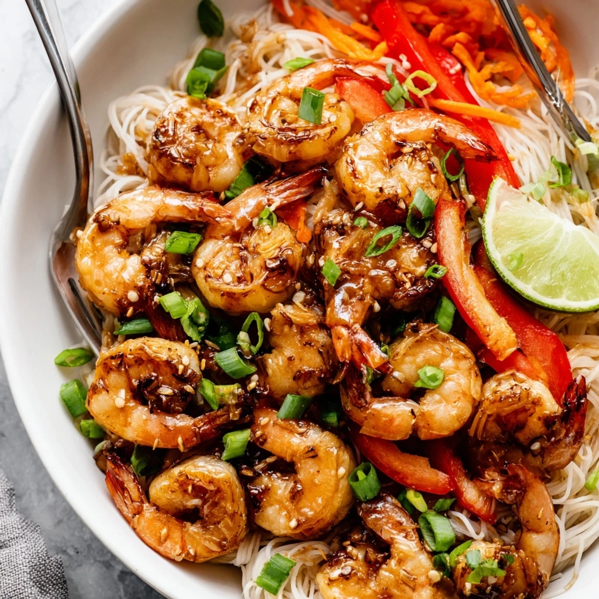 Plate of Spicy Garlic Shrimp Noodles Recipe steaming, garlicky aroma, squeeze lime