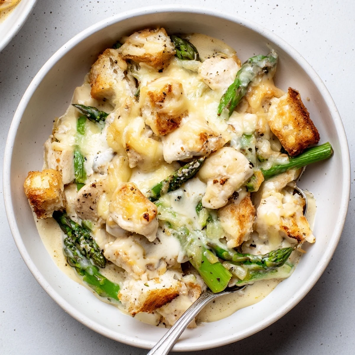 Creamy Chicken Asparagus Bake bubbling golden, tender chicken and crisp asparagus
