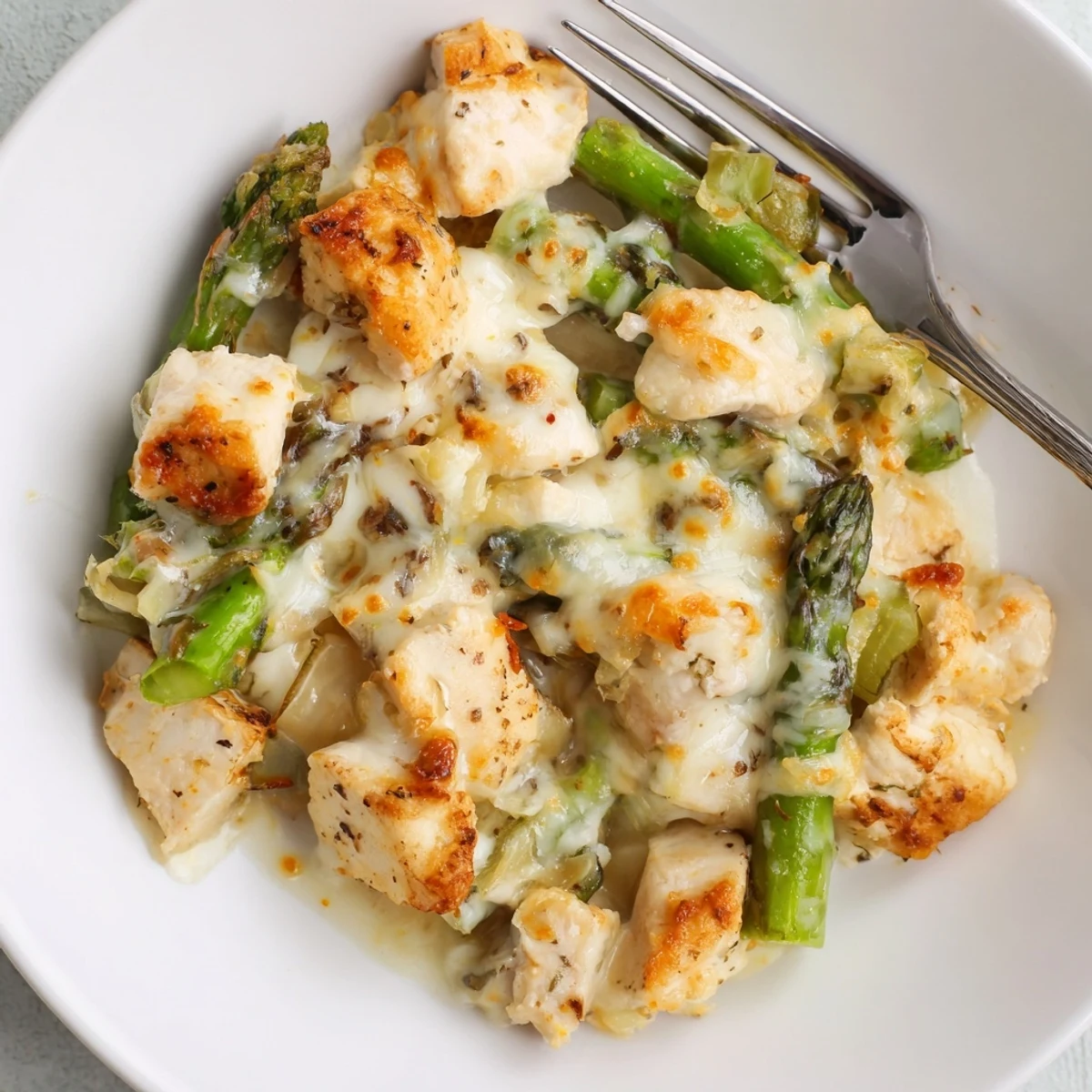 Oven-baked Creamy Chicken Asparagus Bake with melted mozzarella, aromatic thyme