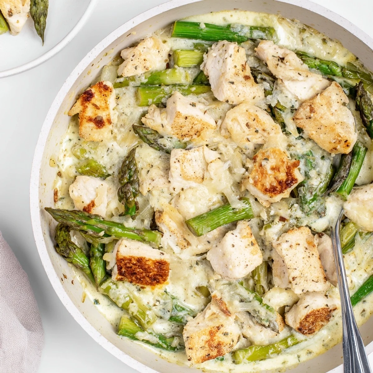 Warm Creamy Chicken Asparagus Bake served garnished with parsley, ready for dinner