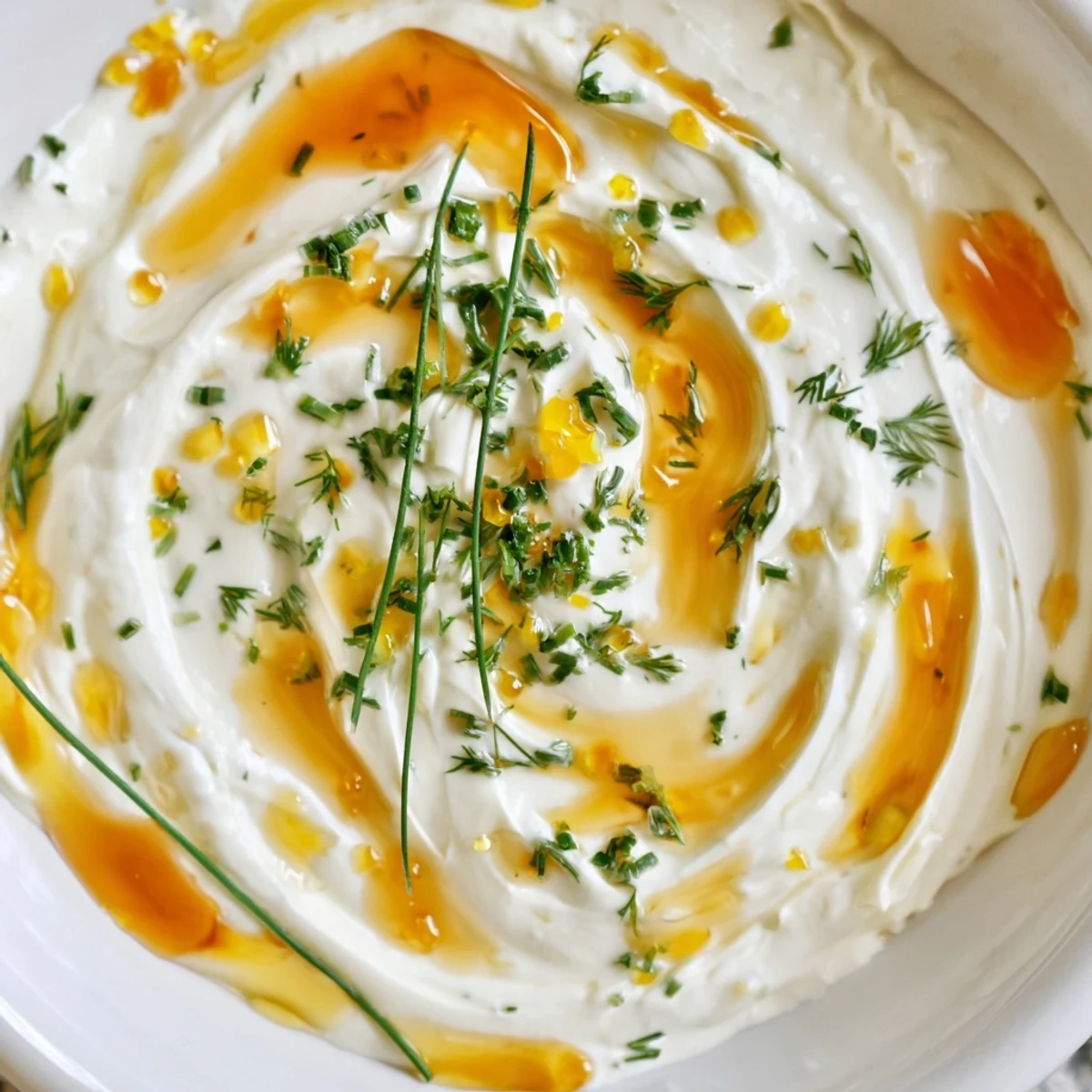 Zesty Hot Honey Ranch Dip spooned into bowl, sprinkled with chopped herbs
