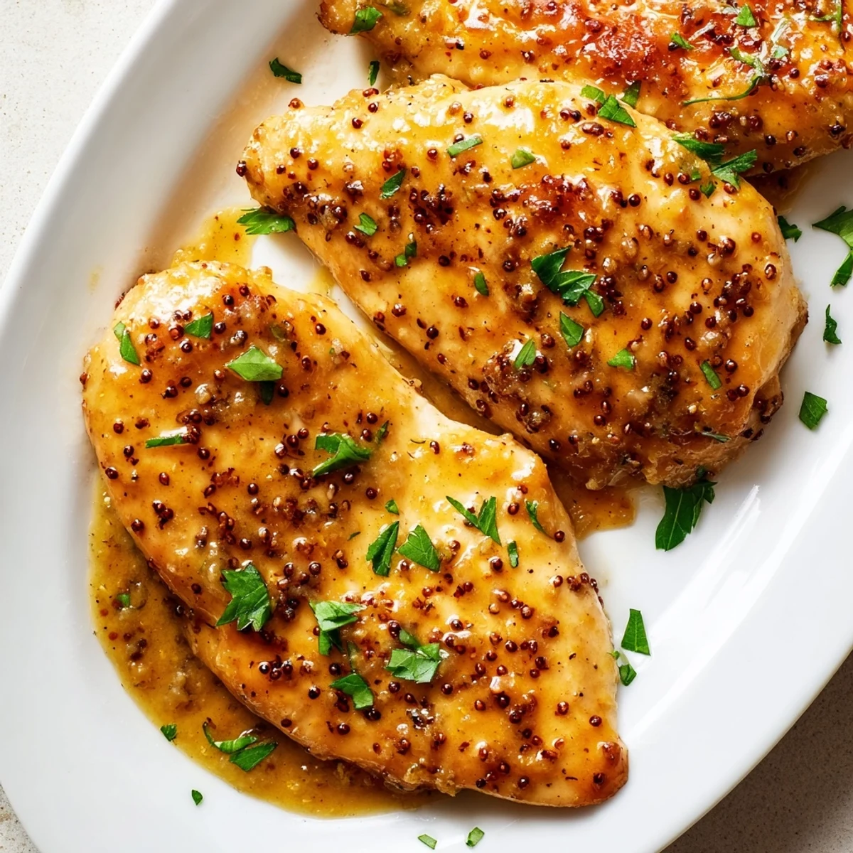 Golden oven baked honey mustard chicken breasts glazed with sweet tangy sauce and fresh parsley garnish
