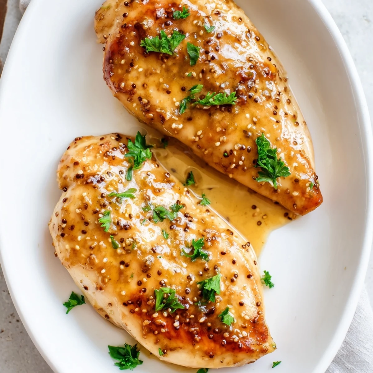 Juicy baked honey mustard chicken resting on a white serving platter with glossy caramelized coating