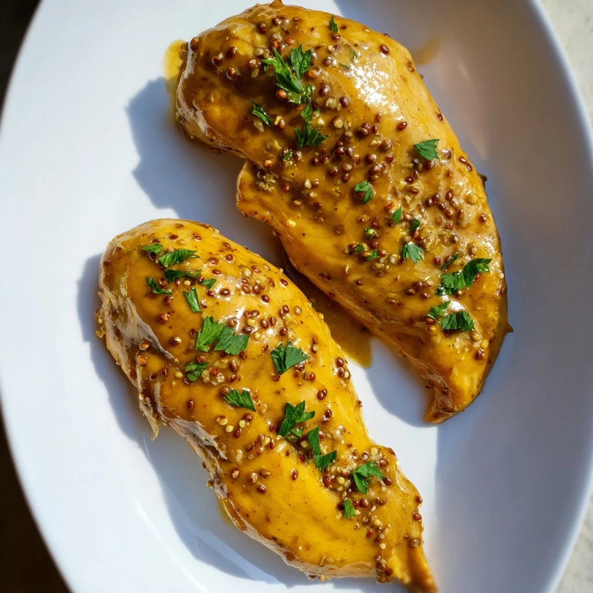 Four pieces of honey mustard chicken arranged on a baking dish with honey dripping down the sides