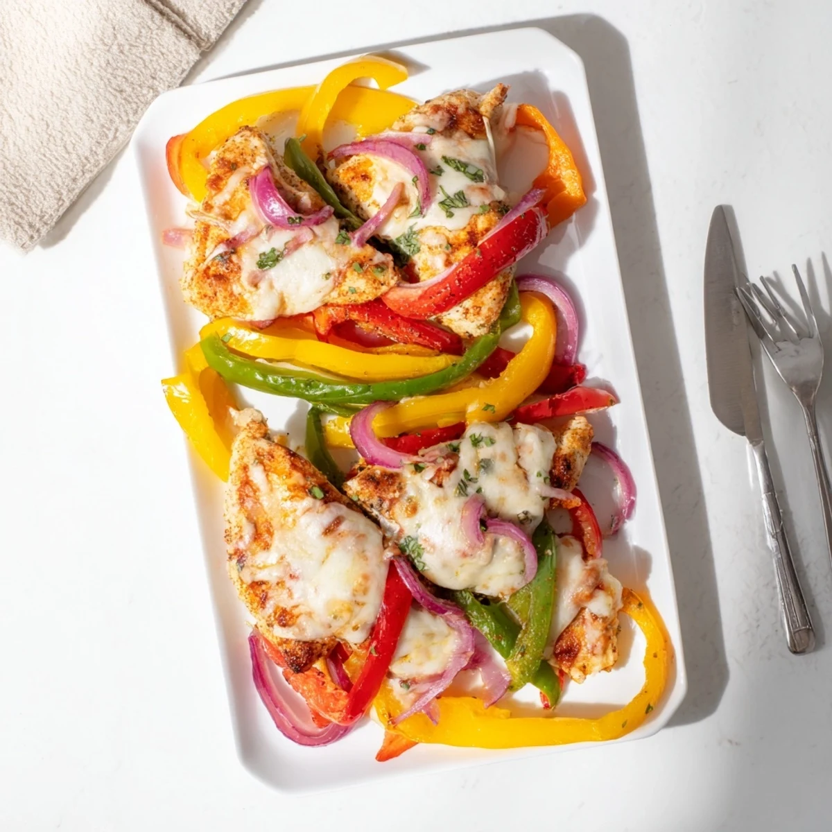Golden brown cheesy baked chicken breast atop colorful red yellow and green bell peppers