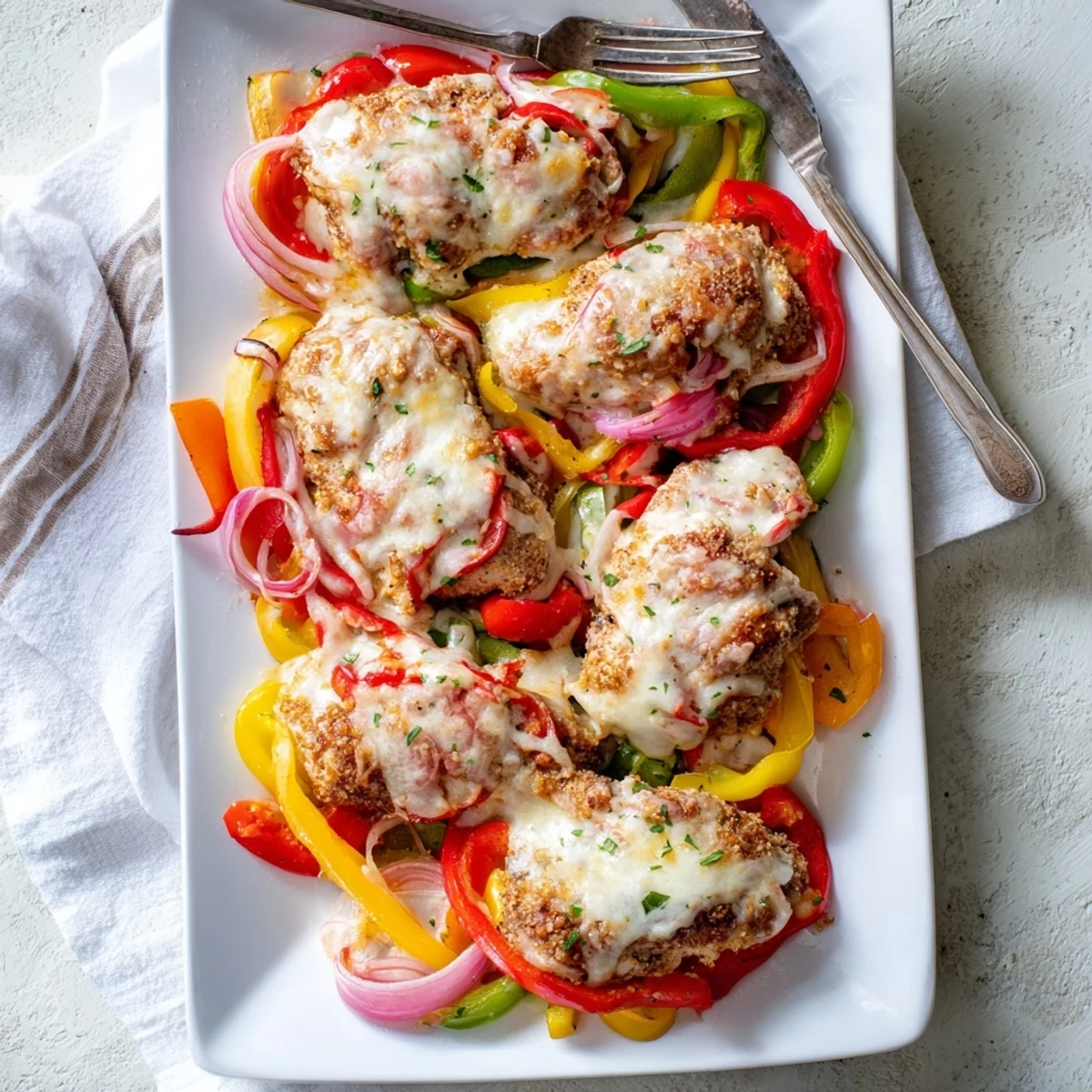 Bubbling mozzarella and parmesan topped chicken breast with roasted multicolored peppers in a baking dish