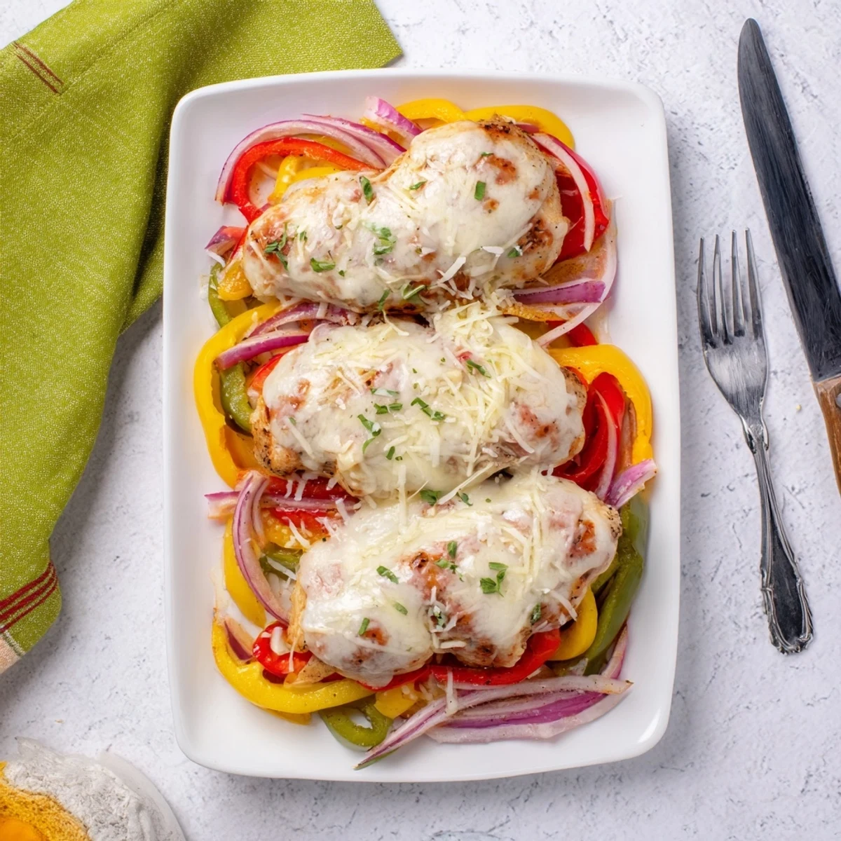 Tender baked chicken breast with melted cheese covering vibrant sliced bell peppers and onions