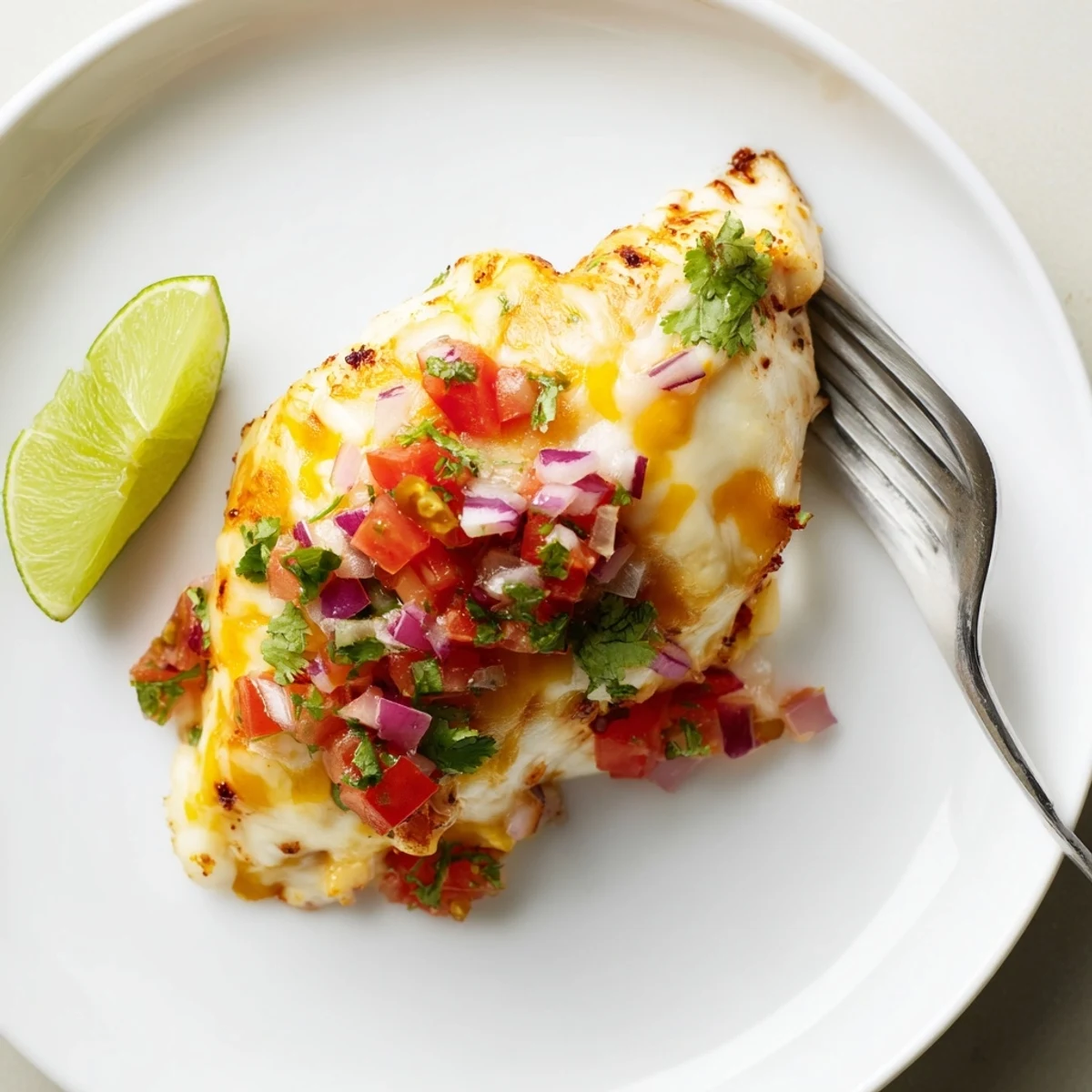 Salsa Fresca Chicken Bake with bubbling cheese, bright tomato salsa, fresh cilantro
