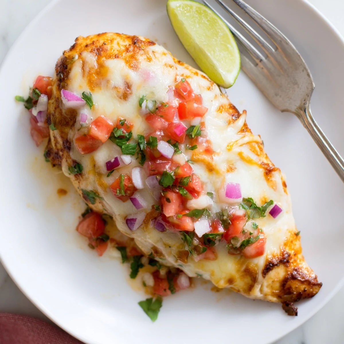 Family-style Salsa Fresca Chicken Bake, juicy breasts topped with spicy jalapeño