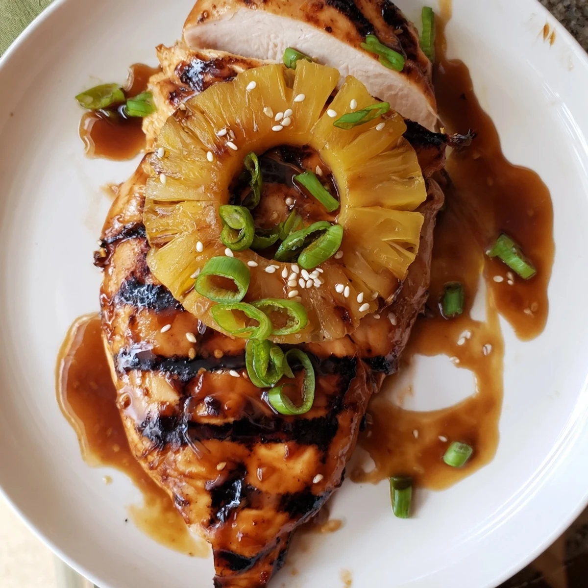 Grilled Aloha Chicken plated with caramelized pineapple rings and scallions.