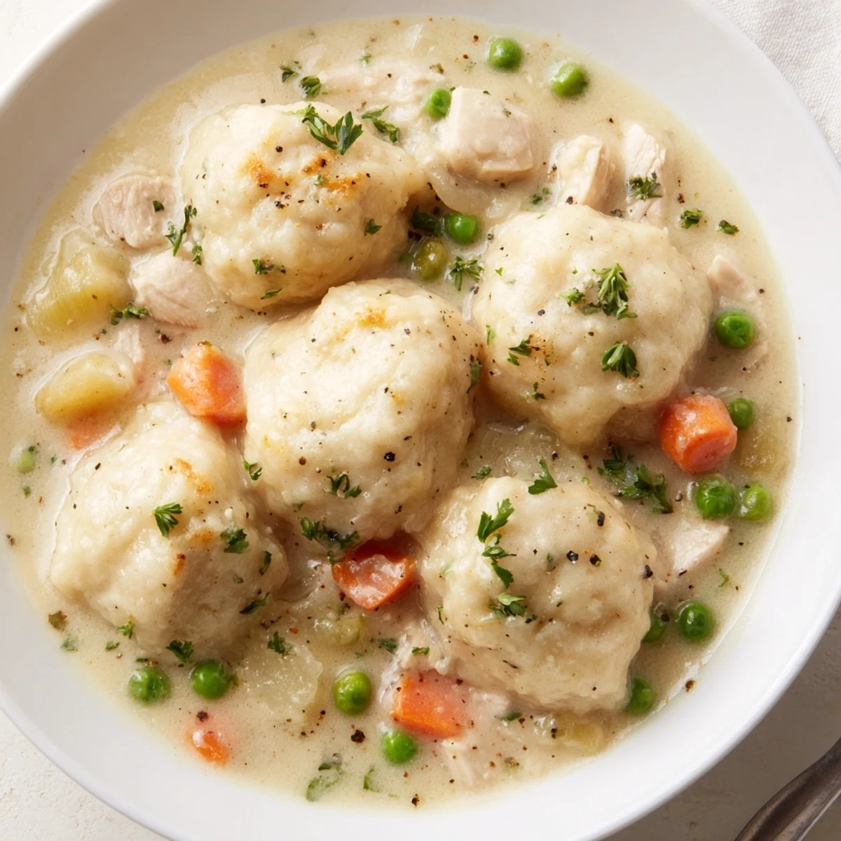 One Pot Chicken And Dumplings simmering in Dutch oven, tender chicken, pillowy dumplings