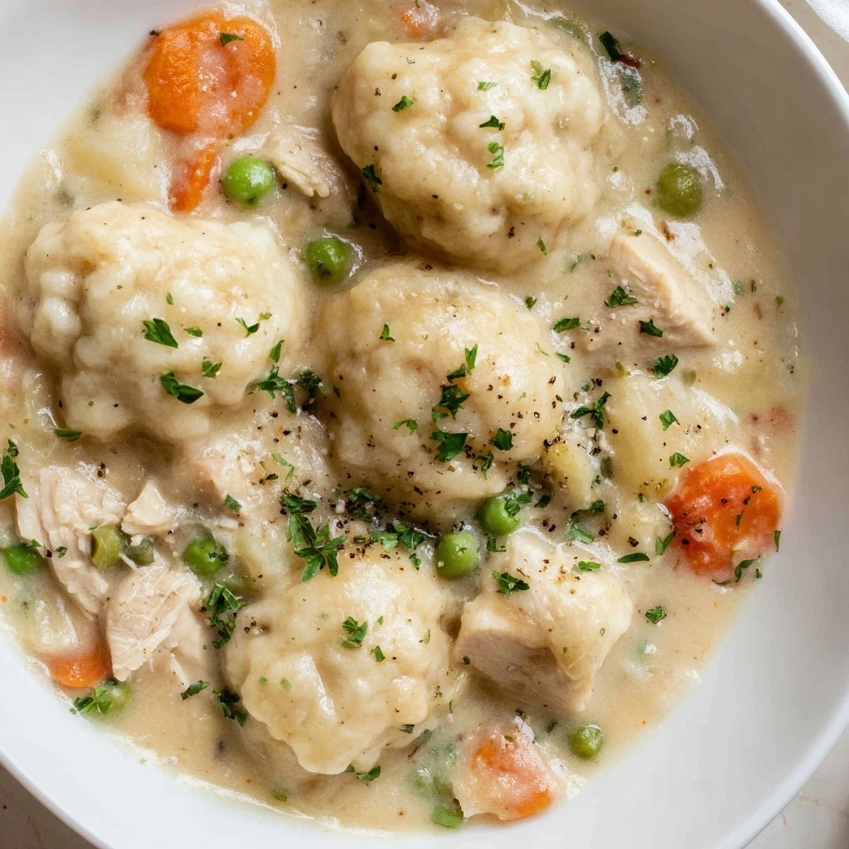 Hearty One Pot Chicken And Dumplings topped with parsley, carrots and savory aroma