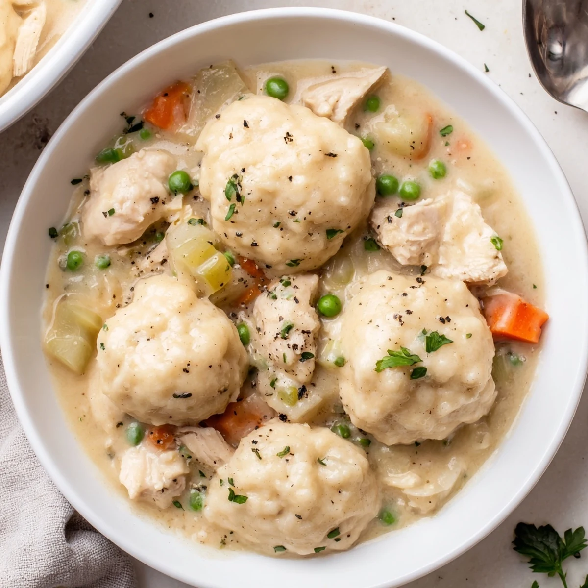 Warm One Pot Chicken And Dumplings ladled into bowls, creamy broth and vegetables