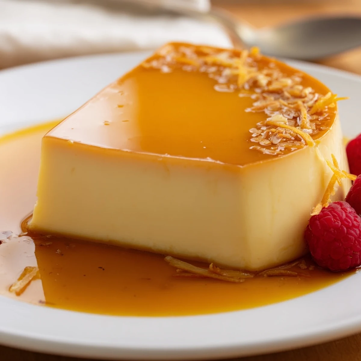 Flan Napolitano with glossy caramel, silky custard, chilled slices on plate