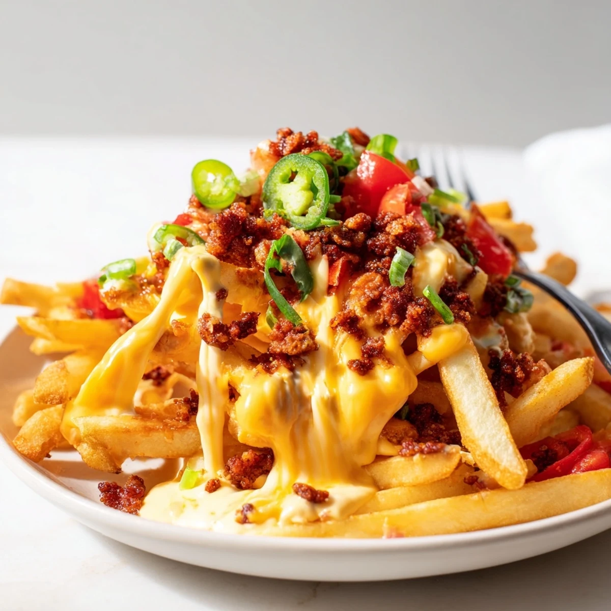 Chorizo Queso Dip Fries piled on platter, creamy queso and spicy chorizo.