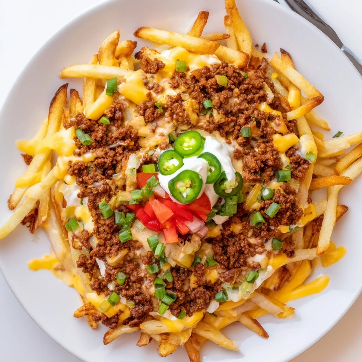 Warm Chorizo Queso Dip Fries topped with scallions, cilantro, jalapeño slices.