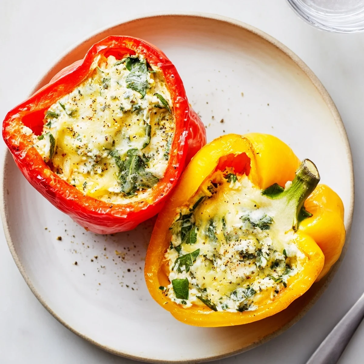 Warm Herby Ricotta Stuffed Peppers with golden tops and aromatic fresh herbs.