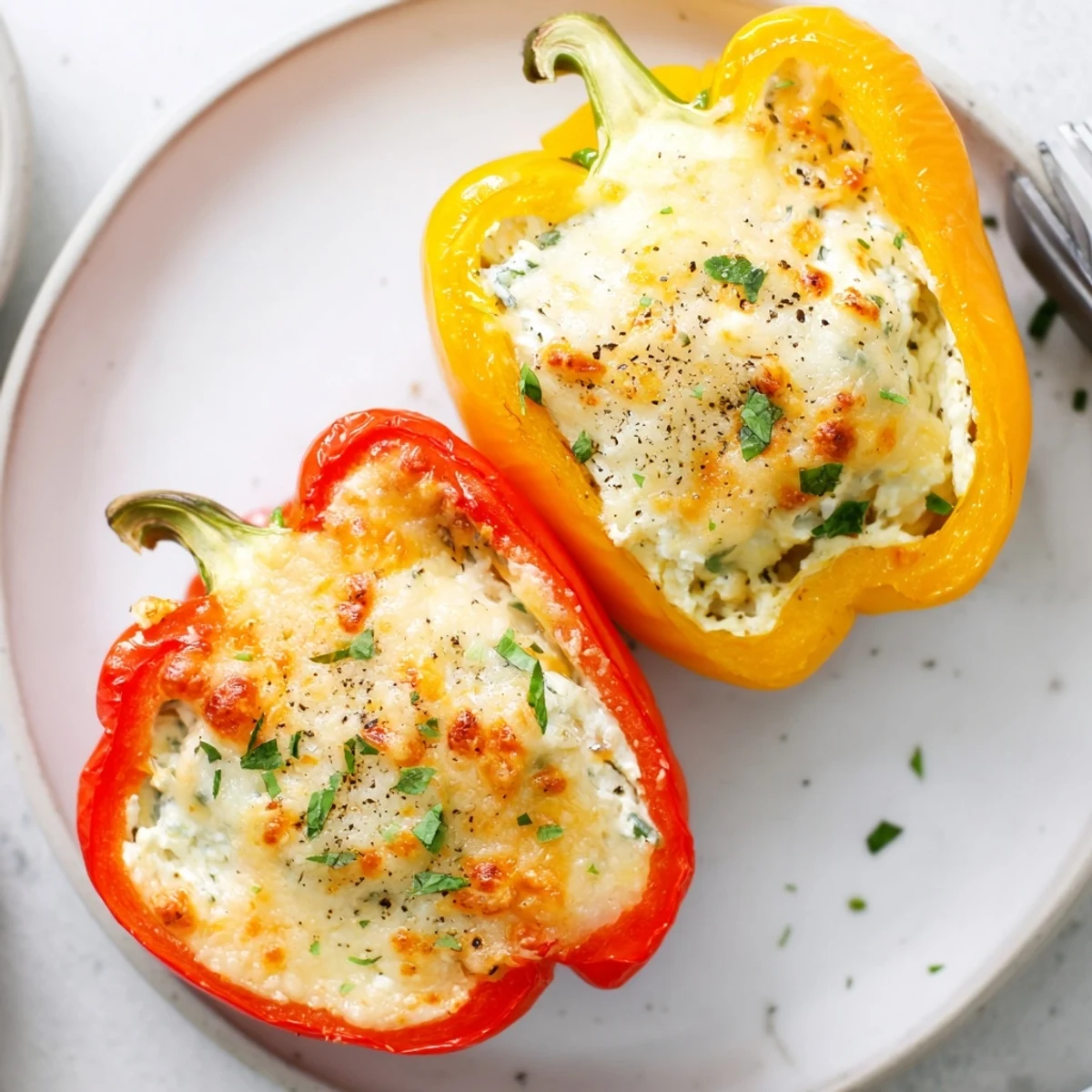 Oven-browned Herby Ricotta Stuffed Peppers nestled in halved bell shells, garlic-scented.