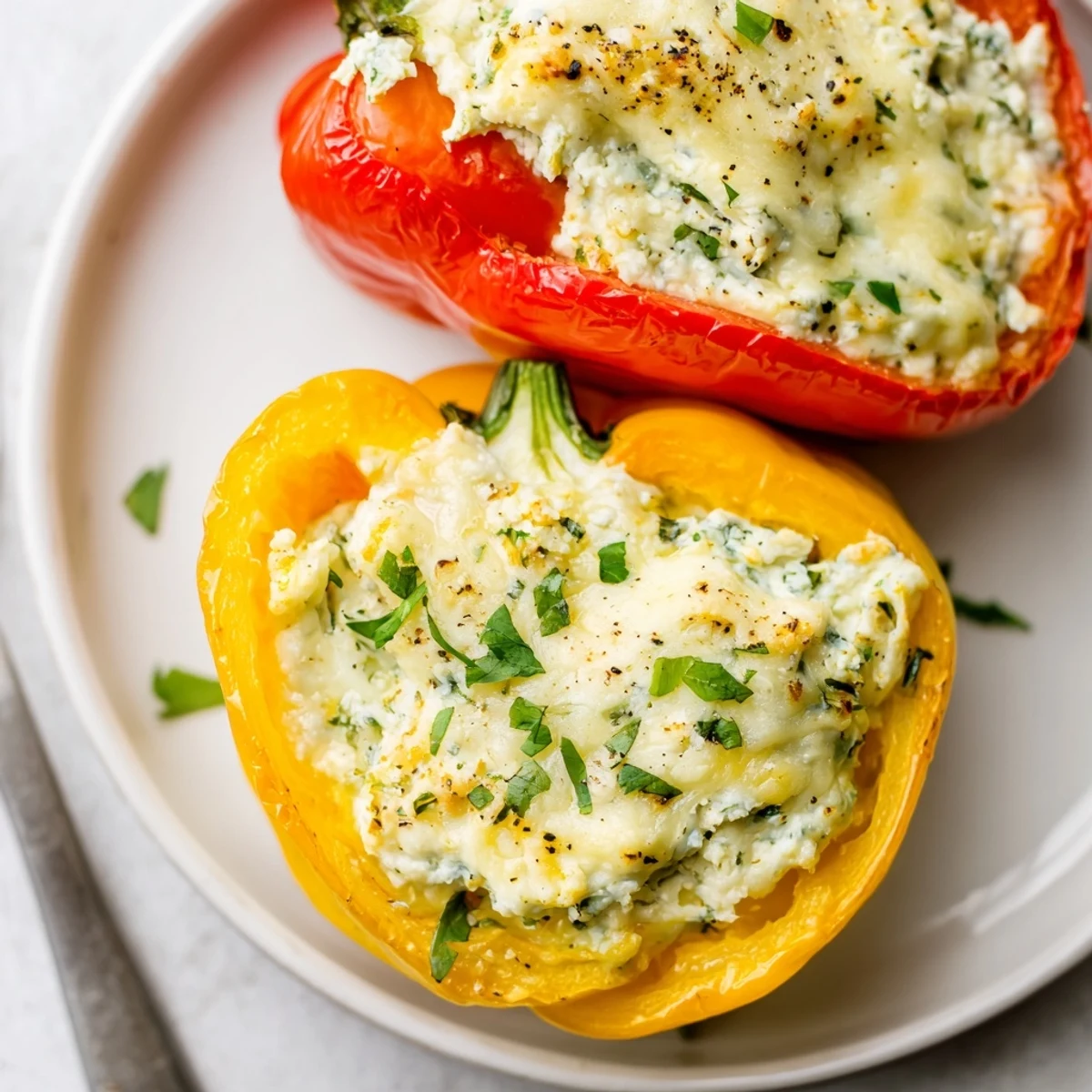 Creamy Herby Ricotta Stuffed Peppers plated with crusty bread and crisp salad.