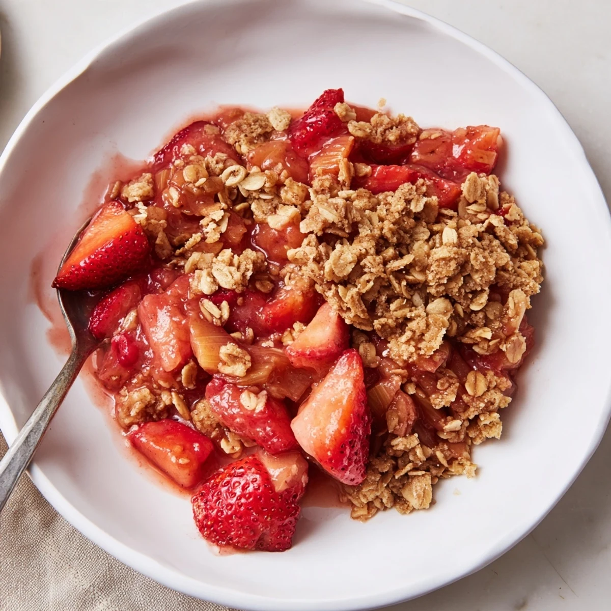 Warm Strawberry Rhubarb Crisp Recipe bubbling in a dish with golden oat topping
