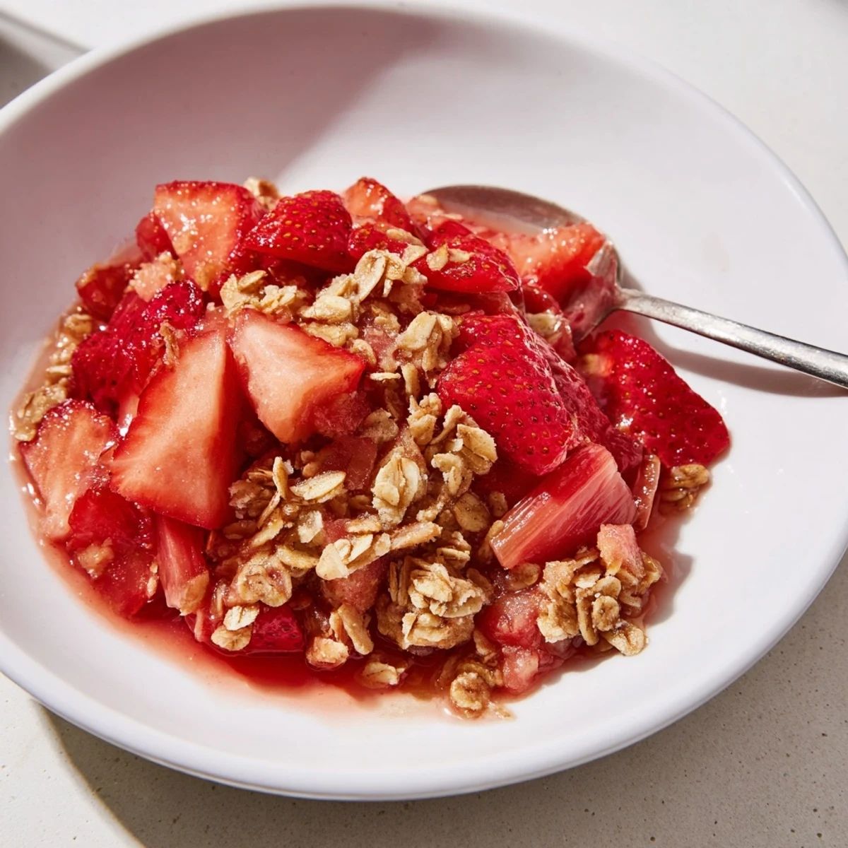 Easy Strawberry Rhubarb Crisp Recipe served warm with melting vanilla ice cream