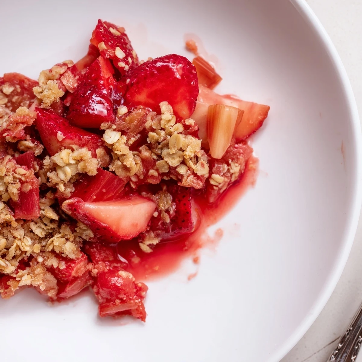 Juicy strawberries and rhubarb bubbling under buttery oat topping, Strawberry Rhubarb Crisp Recipe