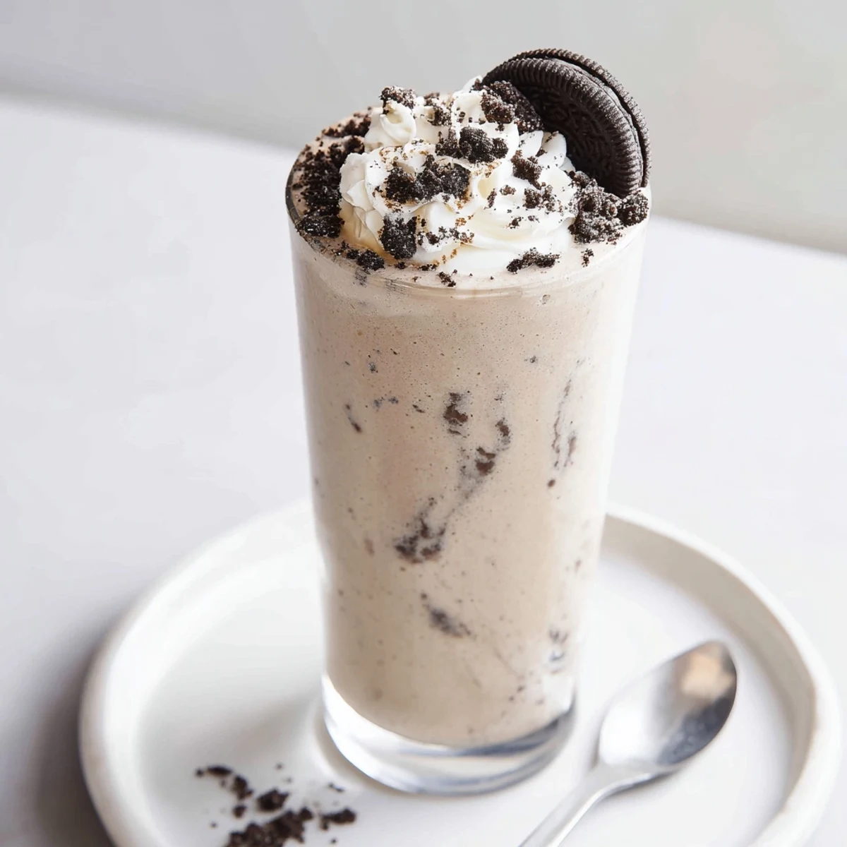 Glass of Cookies And Cream Protein Shake topped with crushed cookies