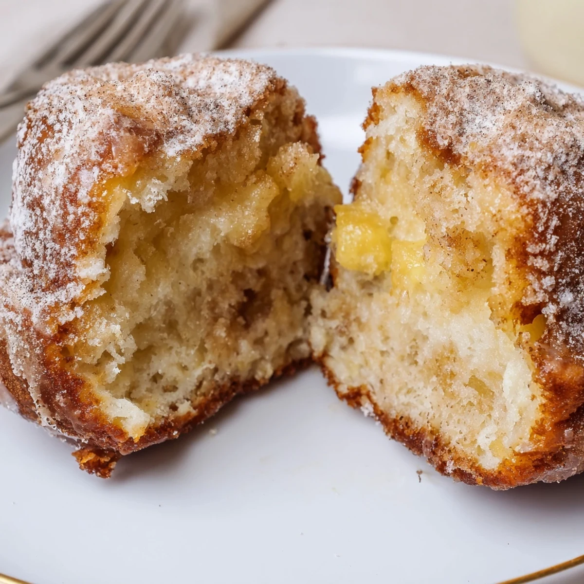 Sliced Banana Donuts showing moist crumb and specks of warm cinnamon