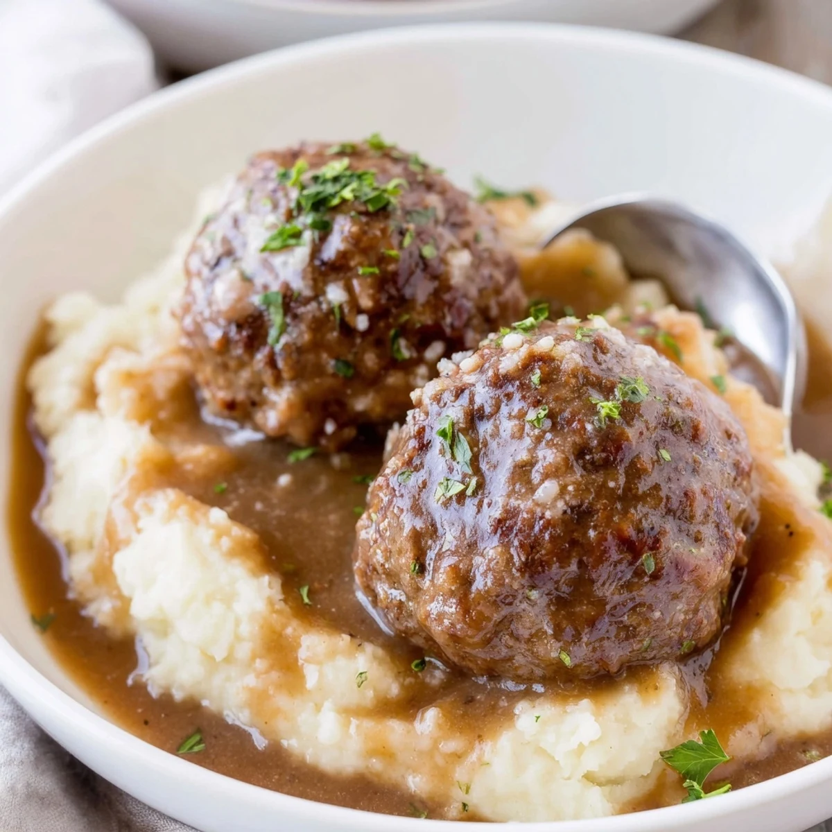 Crockpot Meatballs Gravy over creamy mashed potatoes, steaming and richly sauced.