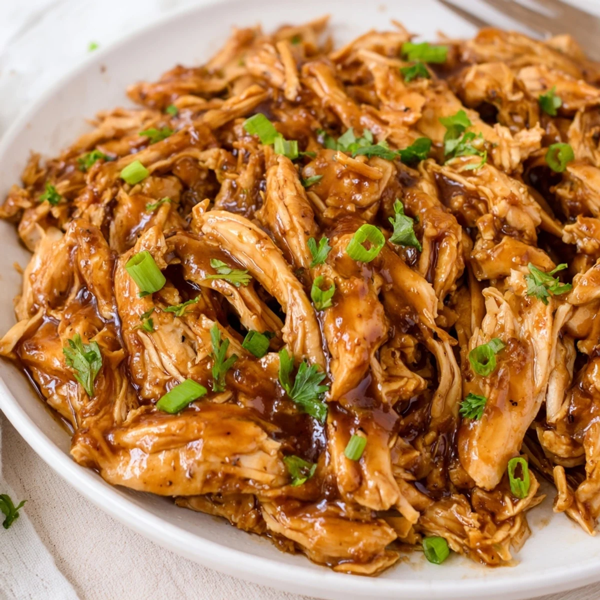 Caramelized Slow Cooker Brown Sugar Garlic Chicken shreddable, fragrant, topped with chopped parsley