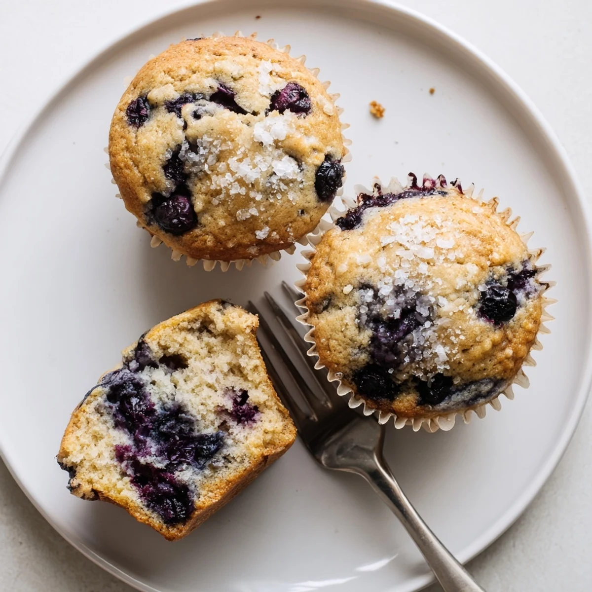 Warm Blueberry Banana Muffins split open, soft crumb and juicy blueberries