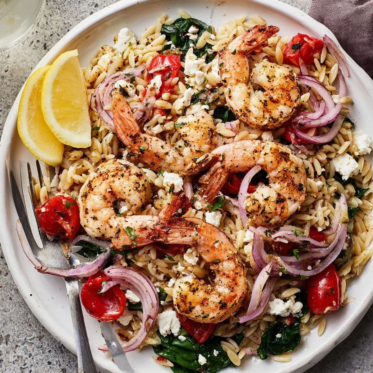 Creamy Lemon Feta Orzo Shrimp Recipe tossed with wilted spinach and parsley