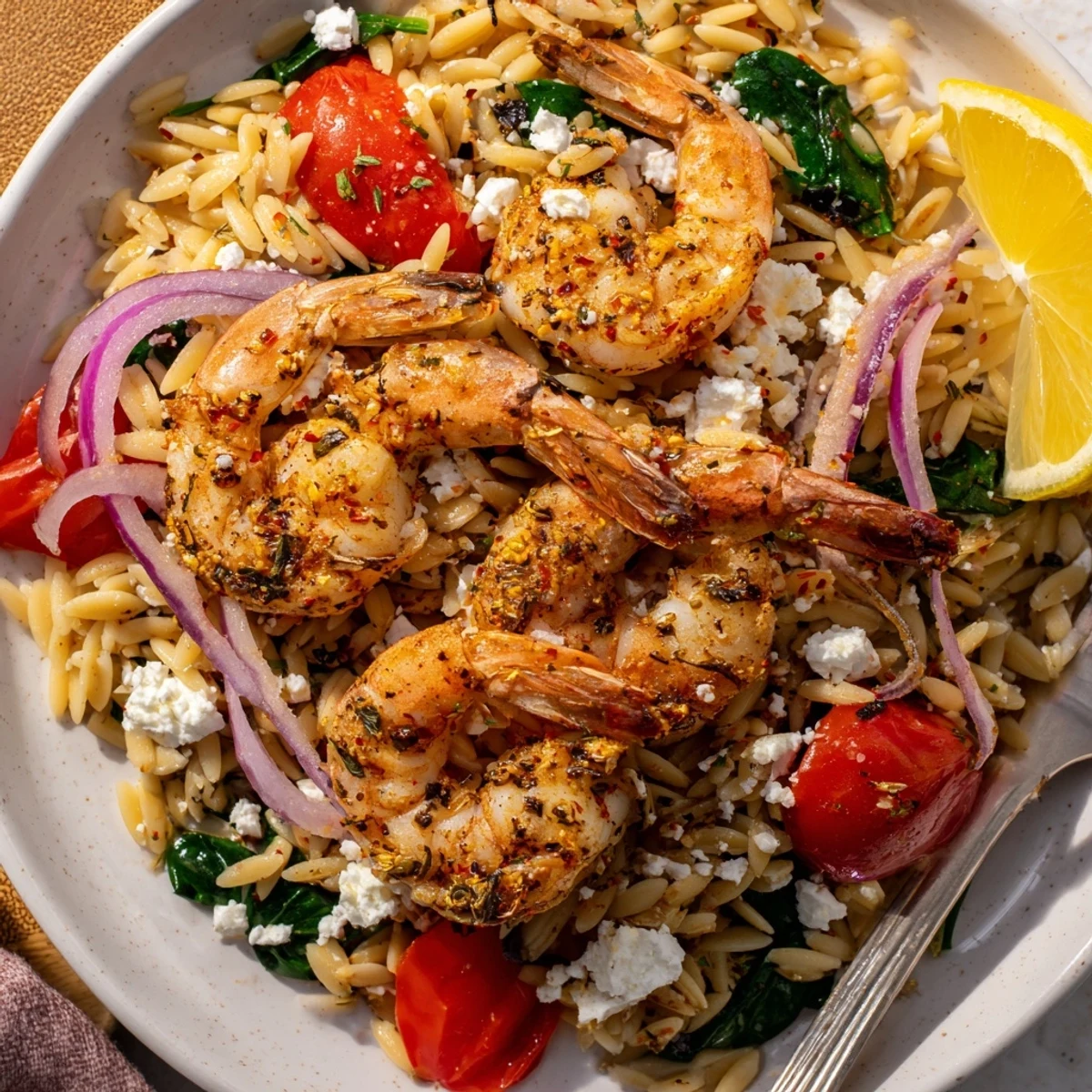 Lemon Feta Orzo Shrimp Recipe plated warm, bright lemon aroma, flaky shrimp