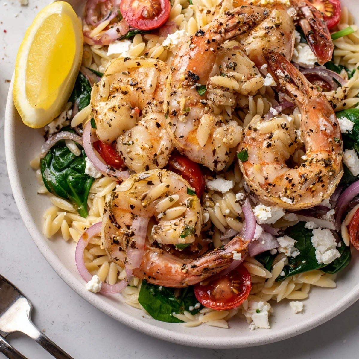 Weeknight Lemon Feta Orzo Shrimp Recipe served with lemon wedges, cherry tomatoes