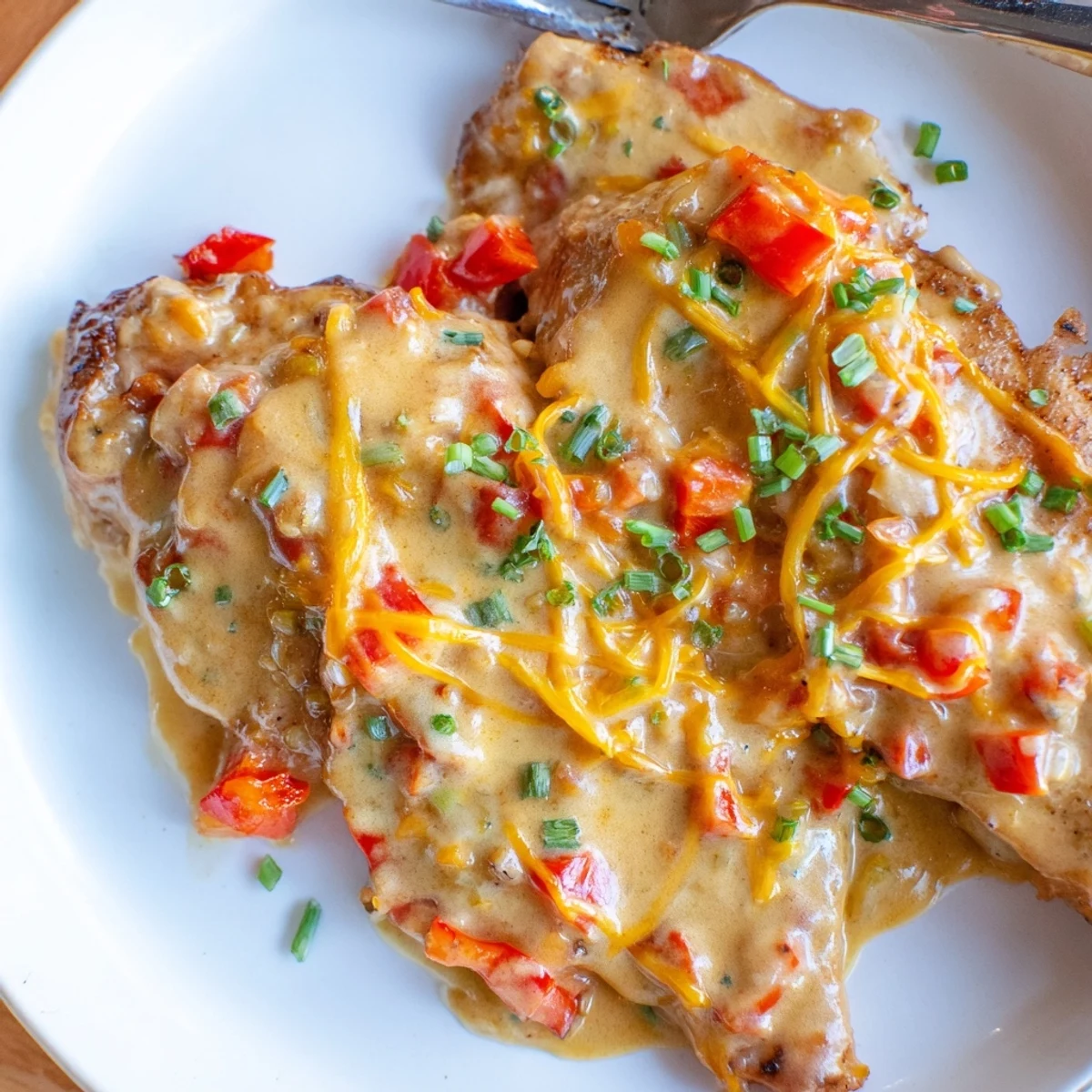Creamy Mississippi Mud Chicken bubbling in skillet, topped with sliced green onions