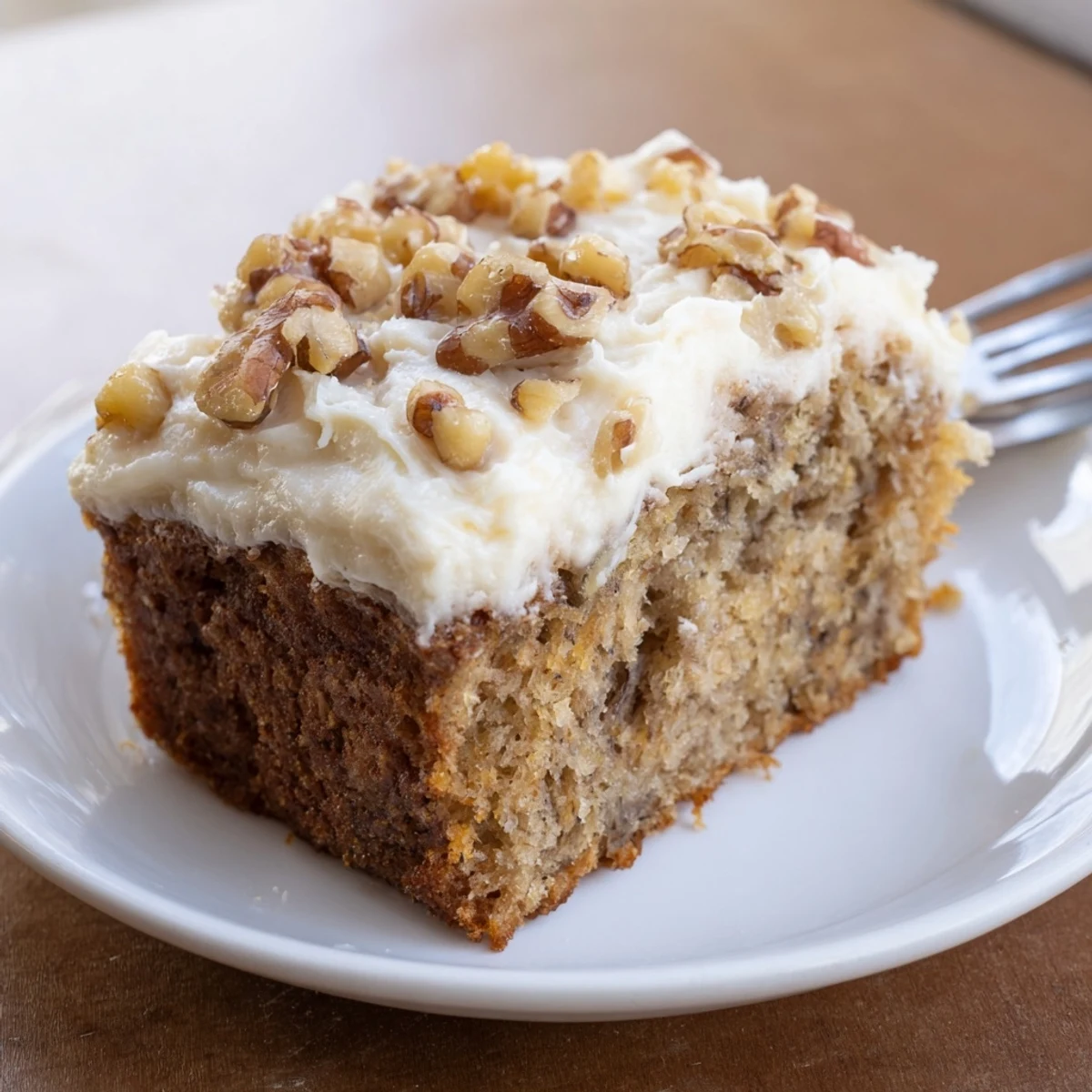 Slice of Moist Banana Cake steaming slightly, tender crumb, cream cheese frosting