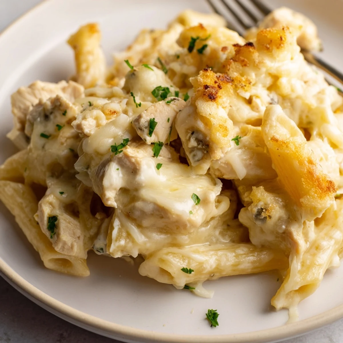 Warm Creamy Chicken Alfredo Bake With Mozzarella Crust served with garlic bread