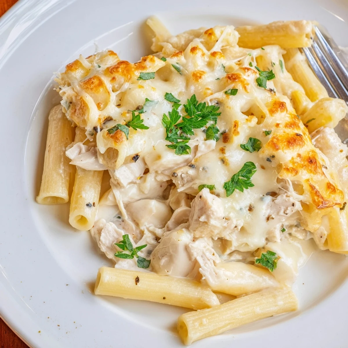 Creamy Chicken Alfredo Bake With Mozzarella Crust bubbling golden crust, creamy interior, parsley garnish