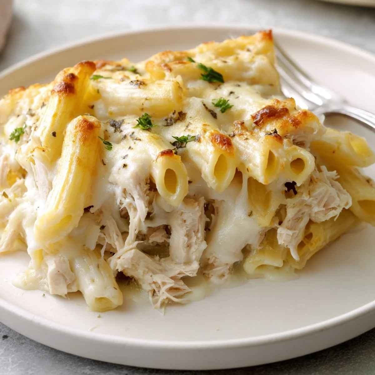 Creamy Chicken Alfredo Bake With Mozzarella Crust, tender pieces, bubbly golden top