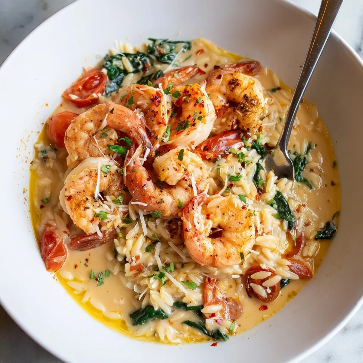 Spoonful of Creamy Shrimp Orzo Recipe garnished with parsley and tomatoes  