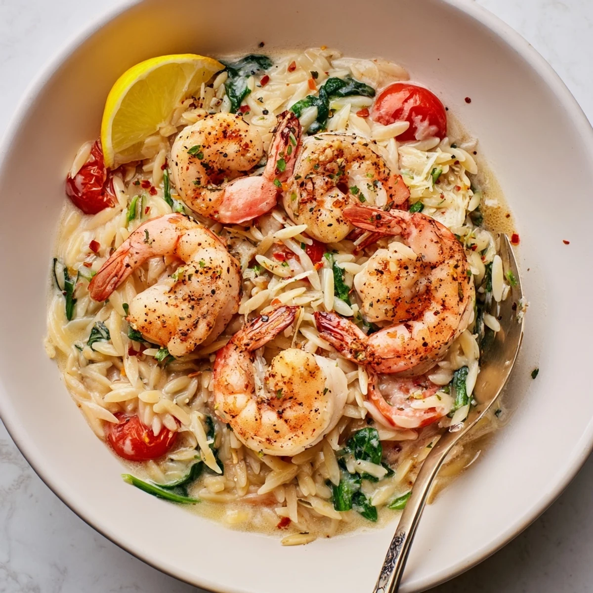 Creamy Shrimp Orzo Recipe: one-pan skillet with velvety sauce, lemon zest  