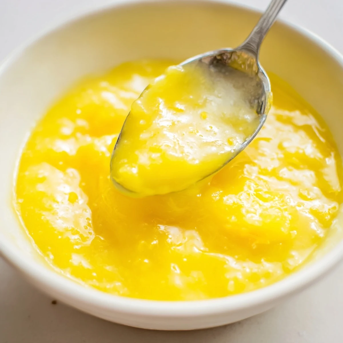 Homemade Lemon Curd spooned thickly onto warm scones, bright glossy texture