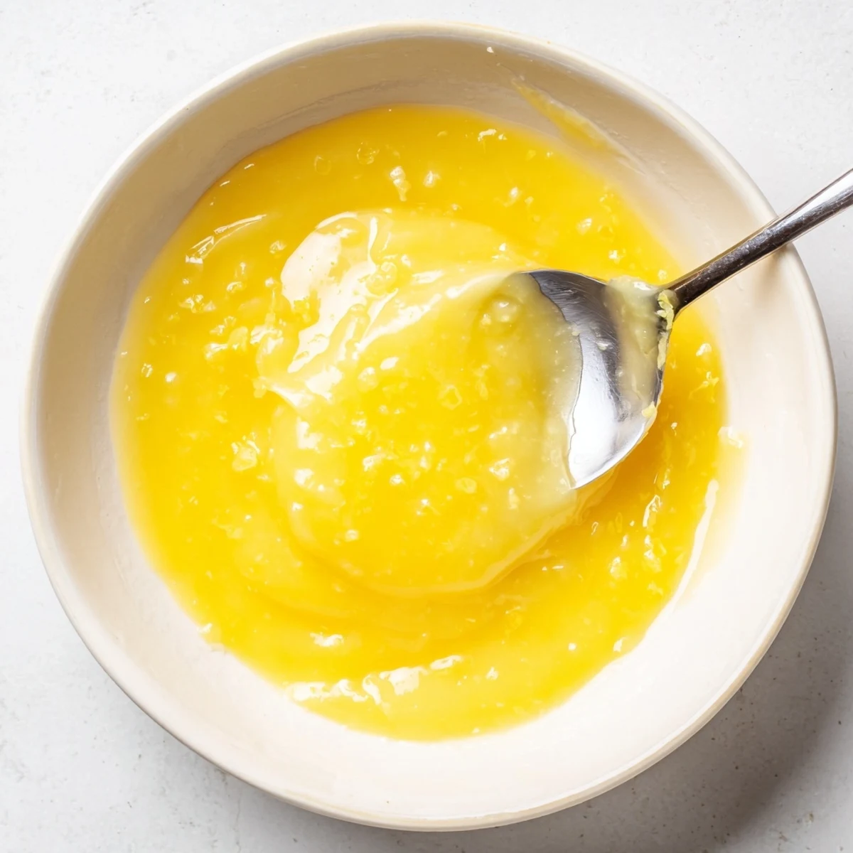 Homemade Lemon Curd being whisked in a bowl, silky, zesty citrus finish