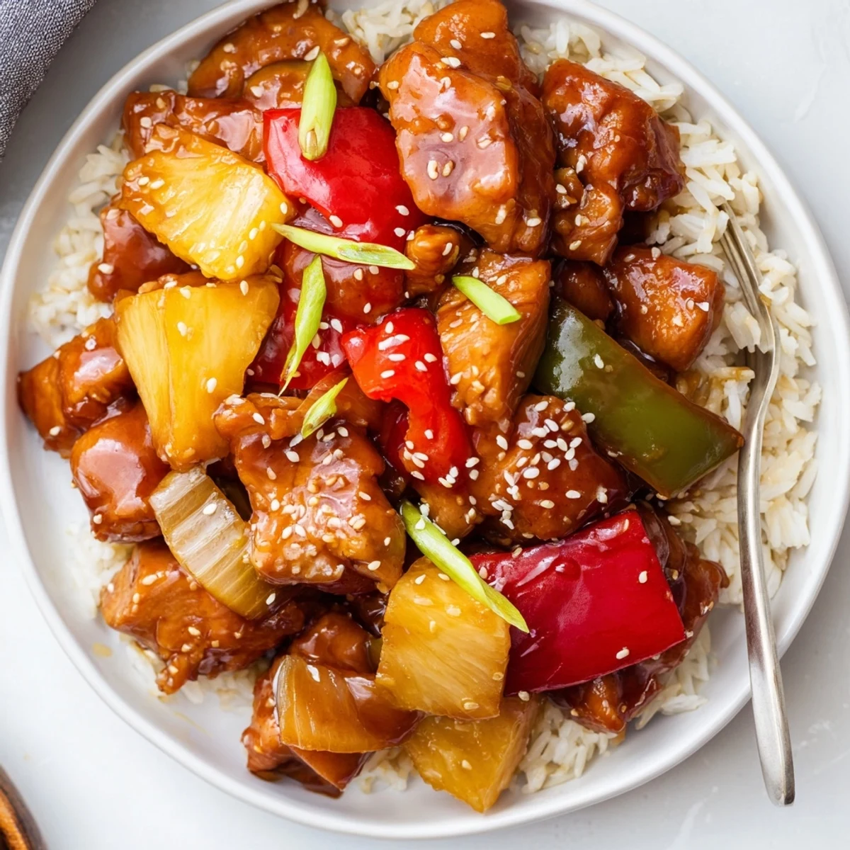 Plated Sweet Hawaiian Crockpot Chicken over jasmine rice, bell peppers, aromatic ginger