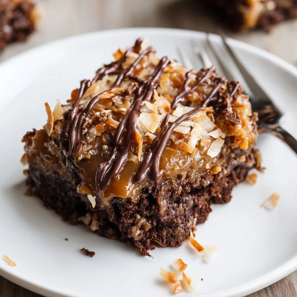 Warm Samoa Brownies served on parchment, gooey caramel and coconut crunch