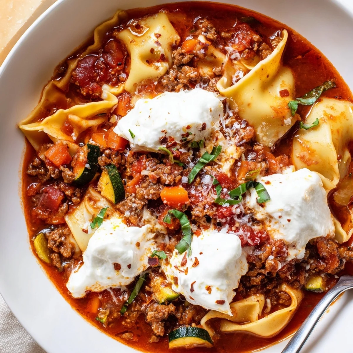 Steaming bowl of One Pot Lasagna Soup with ricotta dollops and basil